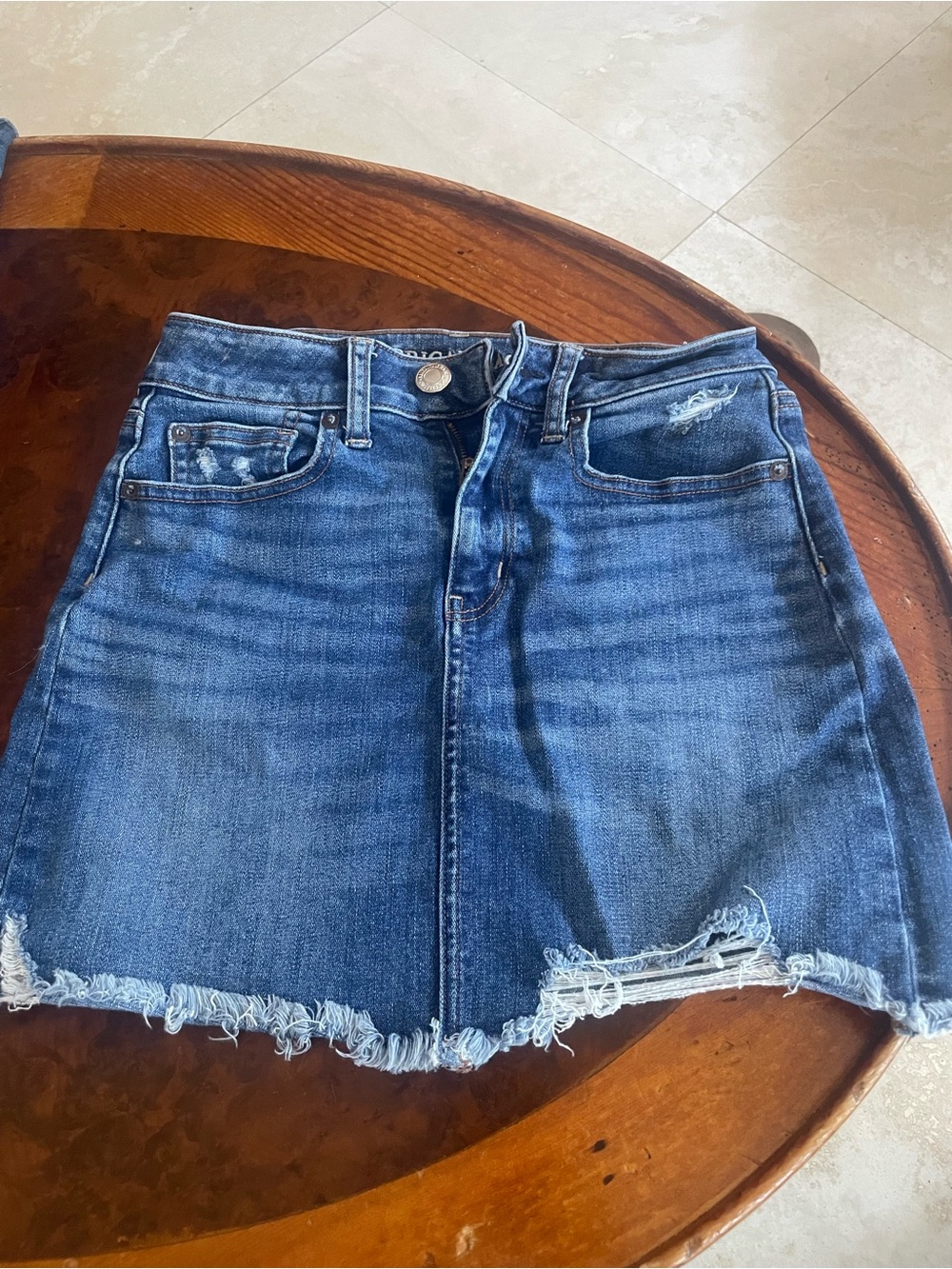 American Eagle Outfitters Dark Blue Distressed Denim Mini Skirt